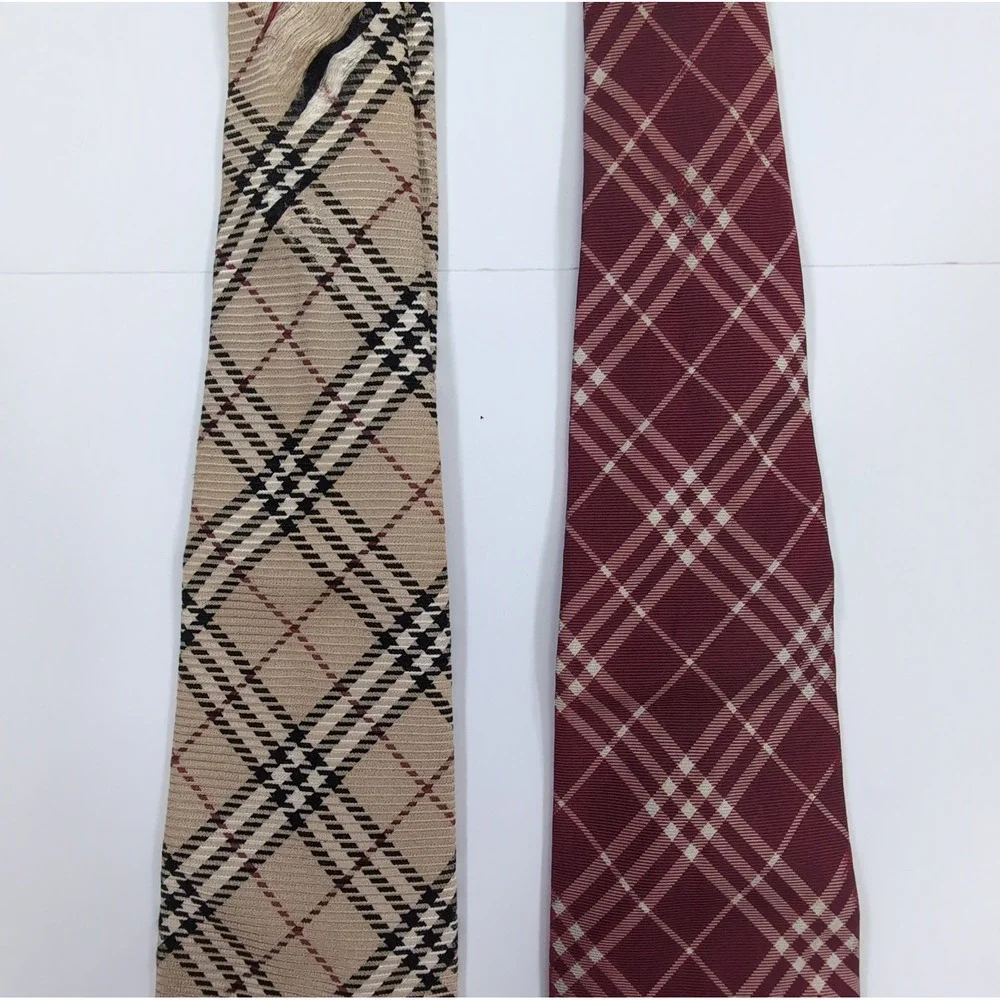 Burberry Mens Neckties Lot 2 OS Tan Red Nova Check Silk AS IS Craft Repair